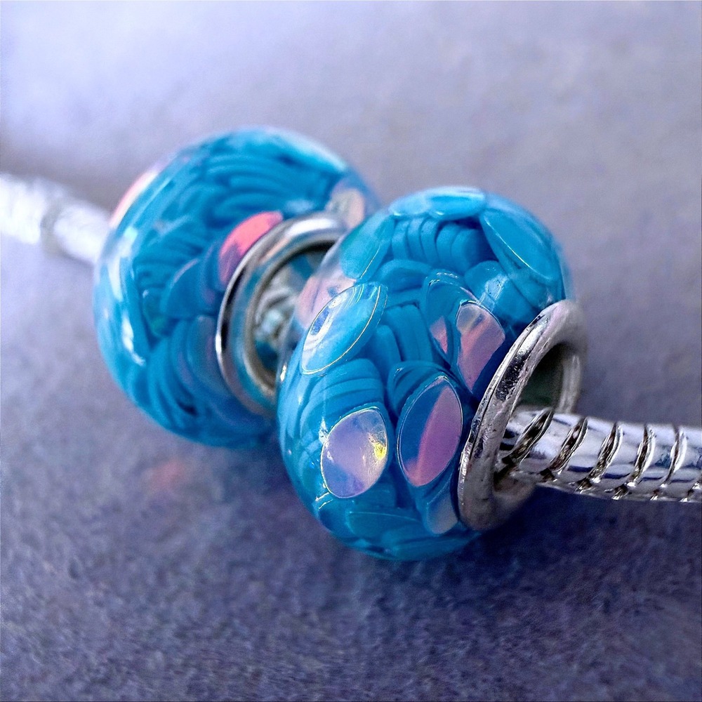 Set of 2 Turquoise Blue Iridescent Spacer Beads fits PANDORA
